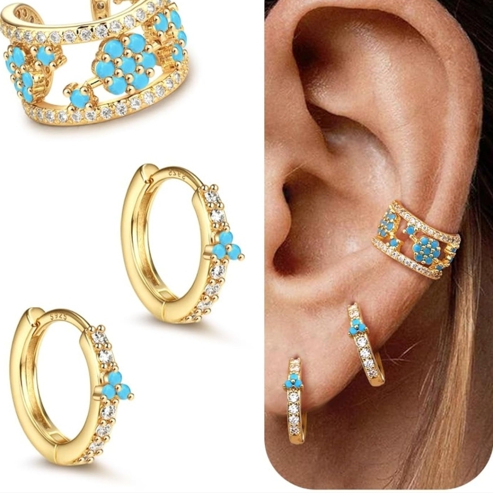 Gold and Turquoise Floral Hoop Earrings